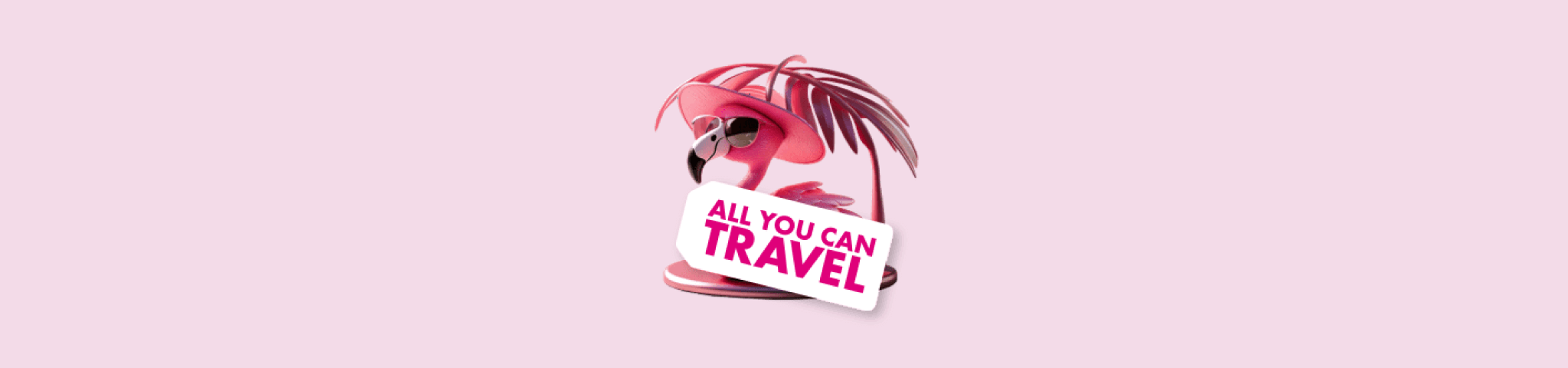 Rosa Flamingo mit Sonnenbrille und All You Can Travel Schriftzug auf hellrosa Hintergrund.